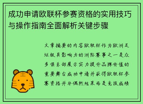 成功申请欧联杯参赛资格的实用技巧与操作指南全面解析关键步骤